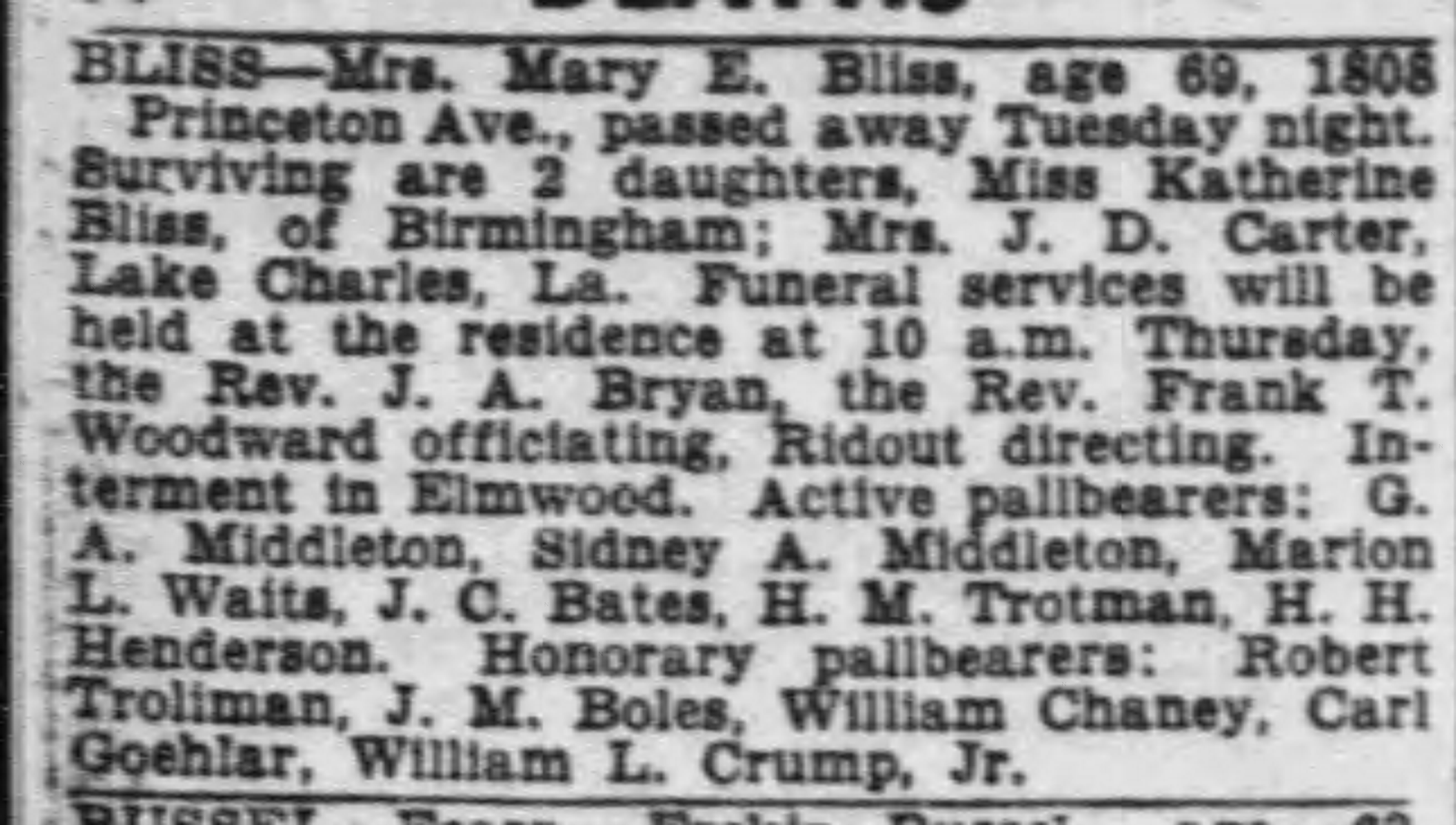 Mary E. Bliss obituary